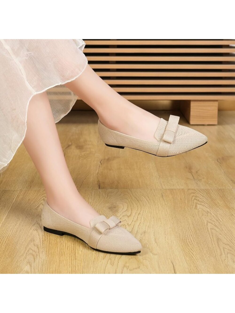 Women's Nude Knit Pointed Toe Casual Slip On Mesh Breathable Comfortable Flats - Picture 3 of 6